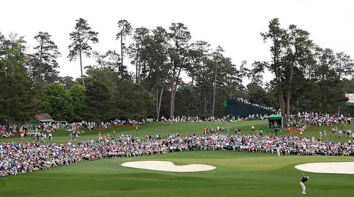 Tiger Woods plays a shot on the 2nd hole during the second round of the 2023 Masters at Augusta National Golf Club in Augusta, Georgia.